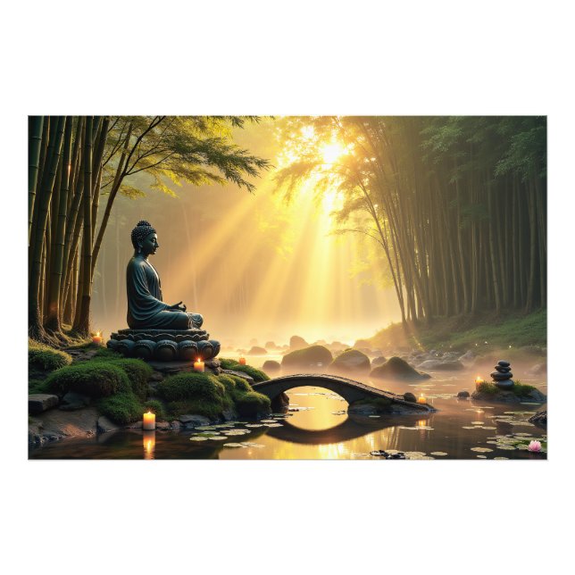 Serene Buddha-statyn i en fredlig bamboskog Fototryck (Framsidan)