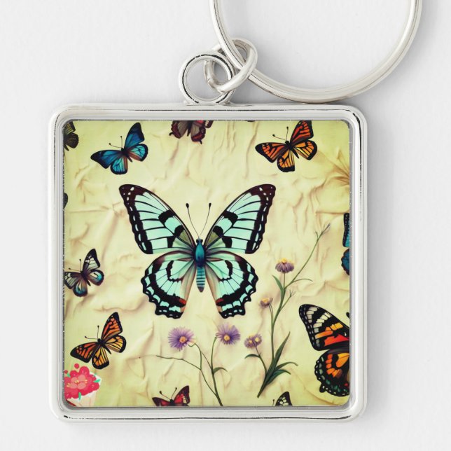 ’Serene Butterfly Elegance’ Fyrkantig Silverfärgad Nyckelring (Framsidan)