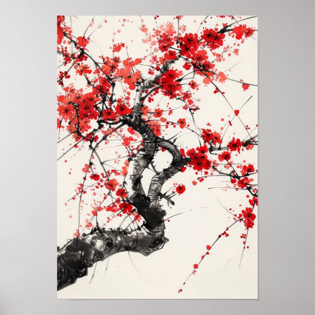 Serene Cherry Blommar Träd China Bläck Painting Po Poster (Framsidan)