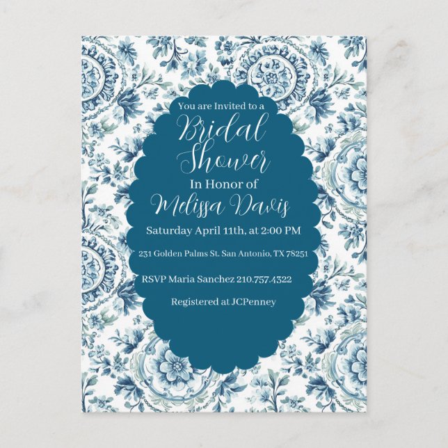 Serene Chinoiserie Bridal Shower Invitation Vykort (Framsida)