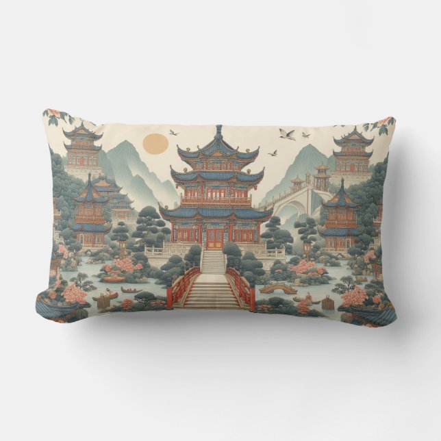 Serene Chinoiserie Pagoda Scenia Asian-Inspired Lumbarkudde (Framsida)