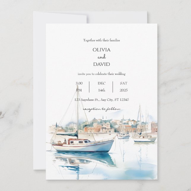 Serene Coastal Town Sailships Harbour Beach Weddin Inbjudningar (Framsida)