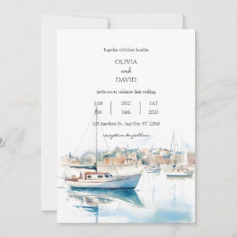 Serene Coastal Town Sailships Harbour Beach Weddin Inbjudningar