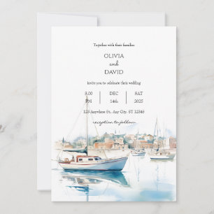 Serene Coastal Town Sailships Harbour Beach Weddin Inbjudningar