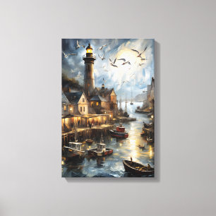 Serene Coastal Village vid Dusk Nautical Harbour A Canvastryck