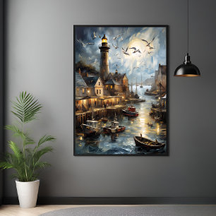 Serene Coastal Village vid Dusk Nautical Harbour A Poster