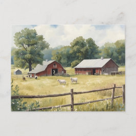 Serene Country Farm Scene with Red Barn and Cattle Vykort