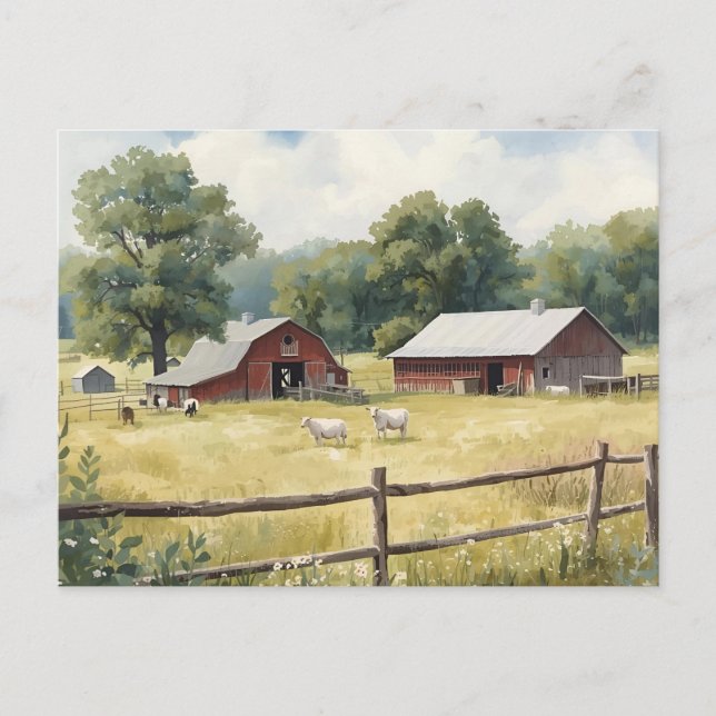 Serene Country Farm Scene with Red Barn and Cattle Vykort (Framsida)