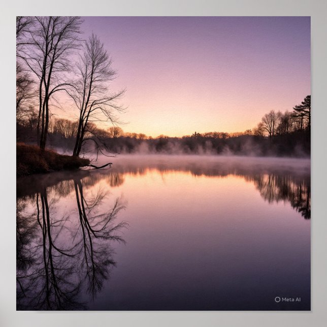 Serene Dawn Sjö Scene med Misty Sunrise Poster (Framsidan)