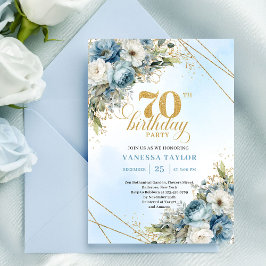 Serene dusty blue watercolor florals 70th birthday inbjudningar