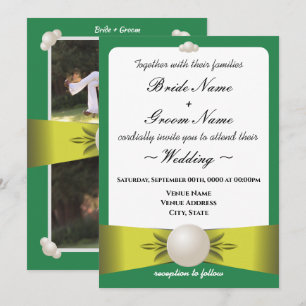 Serene Emerald & Gult Pearl Ribbon Photo Bröllop Inbjudningar