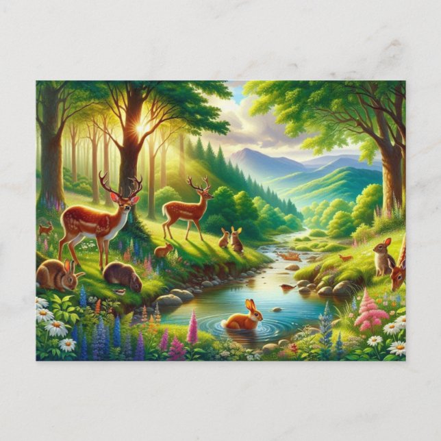 Serene Enchanzed Forest med målning av djur Vykort (Framsida)