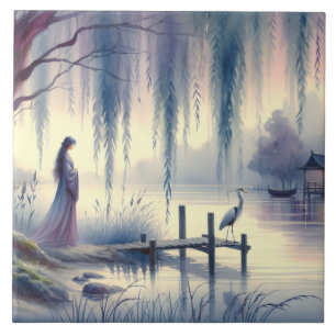 Serene Fantasy Sjö med Willow och Heron Kakelplatta