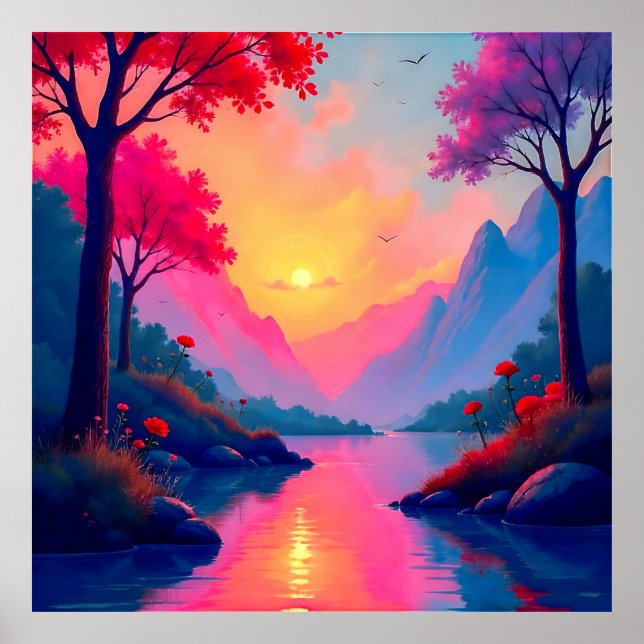 Serene Fantasy Sunset River Mountain Landscape Poster (Framsidan)