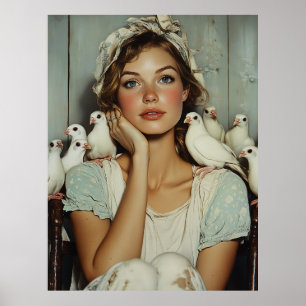Serene Farm Maiden White Doves - Fredssymbol Poster