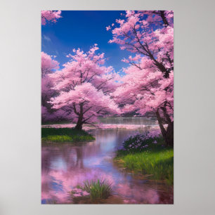 Serene Flow amidst Cherry Blommars Poster