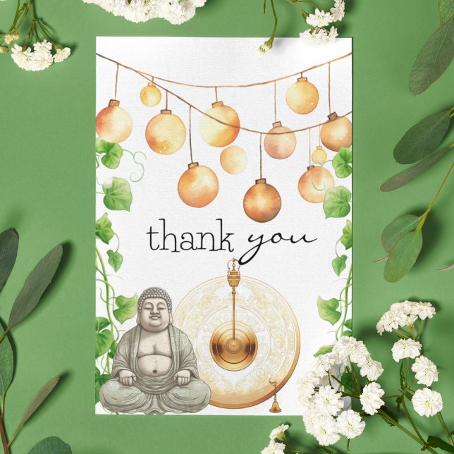 Serene | Fredlig | Budha Statue och Greenery Tack Kort (Cute Budha on customizable greeting card with greenery and garden lights. )