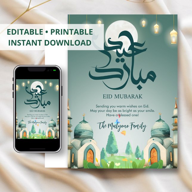 Serene Full Moon Mosque Landscape Eid Card Julkort (Skapare uppladdad)