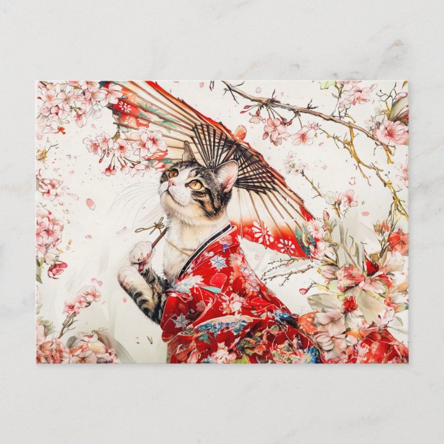 Serene Geisha Cat i Red Kimono och Cherry-Blommarn Vykort (Framsida)