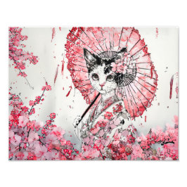 Serene Geisha Cat med Red Parasol Cherry Blommar Fototryck