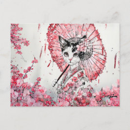 Serene Geisha Cat med Red Parasol Cherry Blommar Vykort