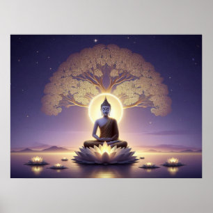 Serene Golden Artwork Buddha i Tranquil Aura Poster
