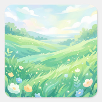Serene Green Meadow and Spring Flowers Fyrkantigt Klistermärke