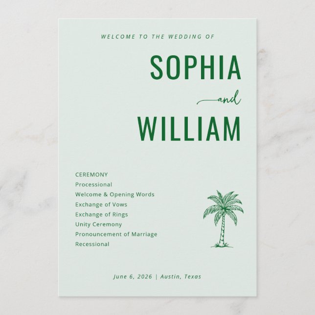 Serene Green Palm Tree Wedding Ceremony Program (Framsida)
