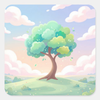 Serene Green Tree and Pastel Clouds Fyrkantigt Klistermärke