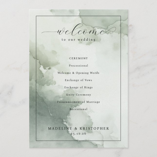Serene Green Watercolor Wedding Ceremony Schedule Program (Framsida)