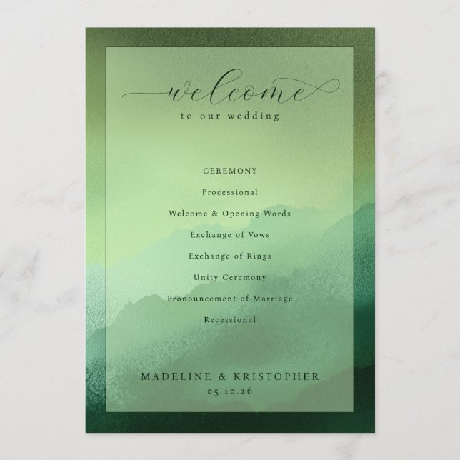 Serene Green Wedding Ceremony Program (Framsida)
