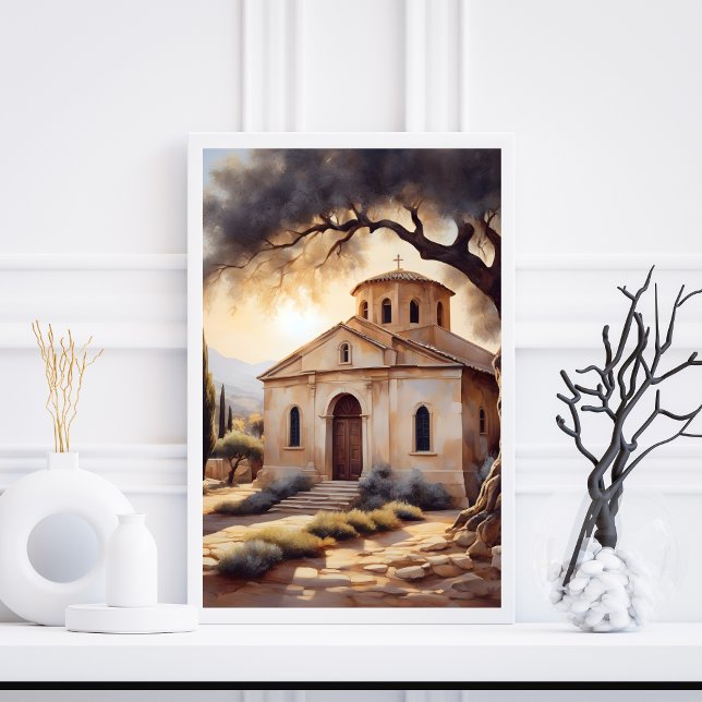 Serene Grekiska kyrkans landskapsvård Poster Relig (Serene Greek Church Landscape Religious Poster)