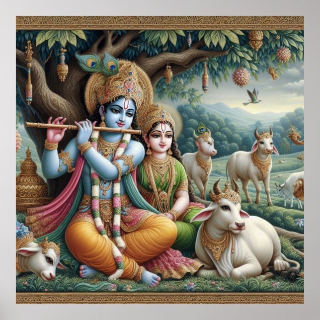 Serene Grönt Ornate Radha Krishna Venugopal Flute Poster (Framsidan)