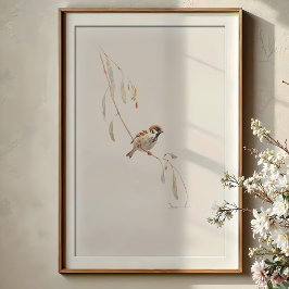 Serene House Sparrow Watercolor Art Poster