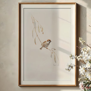 Serene House Sparrow Watercolor Art Poster