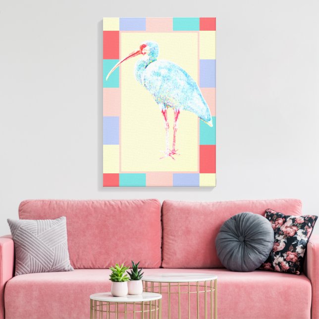 Serene Ibis Bird Coastal Pastel Checkated Design Canvastryck (Insitu (Vardagsrum))