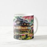 Serene Japanska Garden vid Dusk Painting Kaffemugg<br><div class="desc">En lugn japansk trädgård med ett traditionellt trähus omgivet av blommande körsbär blommar träd. De pulserande blommarna för rosa kontrast till lush grey och mjuk blå himmel. En springa under en liten, bron av trä som är full av betydelse och som är försedd med lyktor som avger en varm glöd....</div>