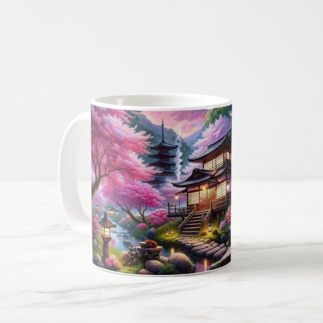 Serene Japanska Garden vid Dusk Painting Kaffemugg (Framsida vänster)