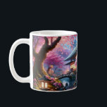 Serene Japanskt Garden vid Twilight Painting Kaffemugg<br><div class="desc">En stillastående japansk trädgård som lyfts upp av den mjuka glöden av lyktor och månljus. Cherry blommar träd i fullt blomning med rosa blommor omger ett traditionellt trähus med böjt tak. En stenbana och en liten bågbro kor över en reflekterande damm, inramad av lush, manicured buskar. Dragonflugor dansar i det...</div>