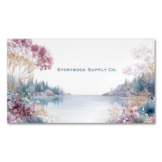 Serene Lake Landscape Pink Gold Floral Magnetiska Visitkort (Framsida)