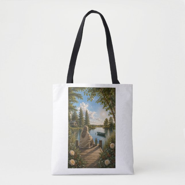 Serene Lakeside Botanical Nature Tote Bag Tygkasse (Framsida)