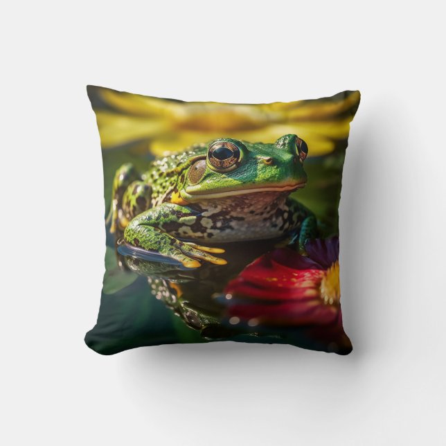 Serene Lily Pad Frog - Vibrant Nature Kudde (Framsida)
