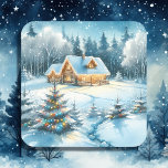 Serene Log Cabin i en vinterskog Fyrkantigt Klistermärke<br><div class="desc">Juldekaler eller sälar med julkort. Söt loggstuga med julklapp i ljus med en vacker bakgrund av träd täckt av snö.</div>