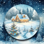 Serene Log Cabin i en vinterskog Runt Klistermärke<br><div class="desc">Juldekaler eller sälar med julkort. Söt loggstuga med julklapp i ljus med en vacker bakgrund av träd täckt av snö.</div>