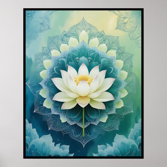 Serene Lotus Mandala: Blue & Grönt Meditation Art Poster (Framsidan)