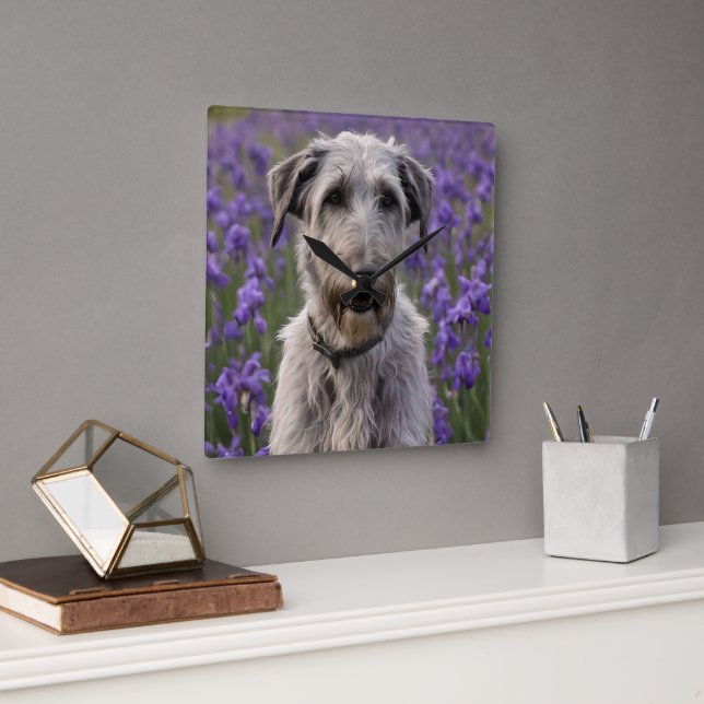 Serene Majesty: Wolfhound Sitting in a Purple Iris Fyrkantig Klocka (Kontor)