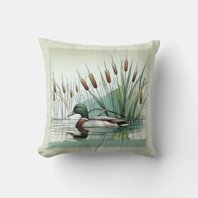 Serene Marshland Mallard Anka Amidst the Reeds Kudde (Framsida)
