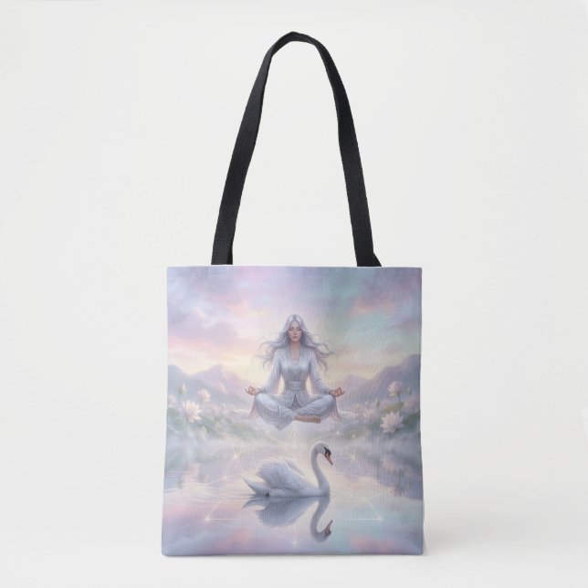 Serene Meditation Woman & Swan Fantasy Tote Bag Tygkasse (Framsida)