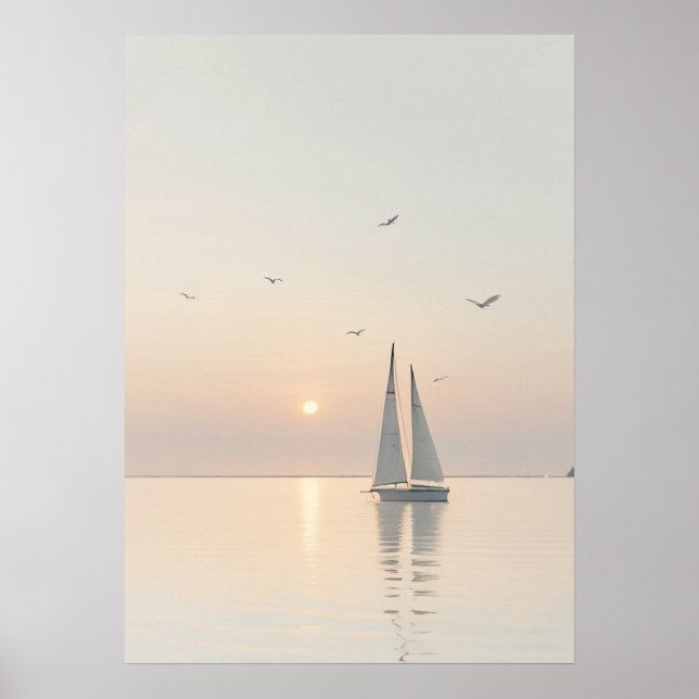Serene Minimalist Sailing Boat Lugn Vatten Sunrise Poster (Framsidan)