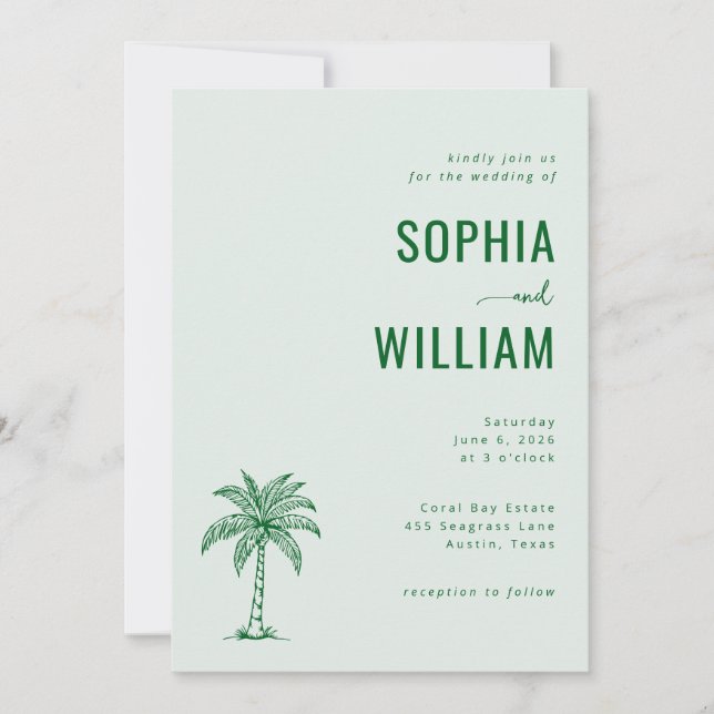 Serene Mint Palm Tree Wedding Inbjudningar (Framsida)